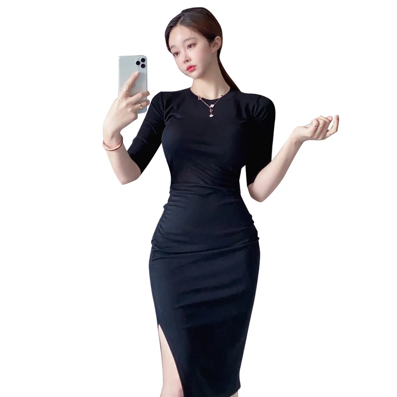 

pencil Dress for women New summer Blue half Sleeve Crew neck cotton Sexy Ladies Office split One piece Hip Dress