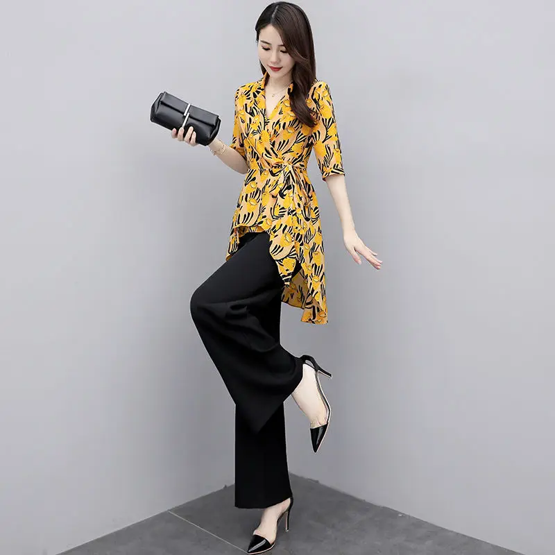

2021 Spring and Summer New Women's Elegant Temperament, Large Size Loose Fashion Casual Wide-leg Pants Two-piece Suit