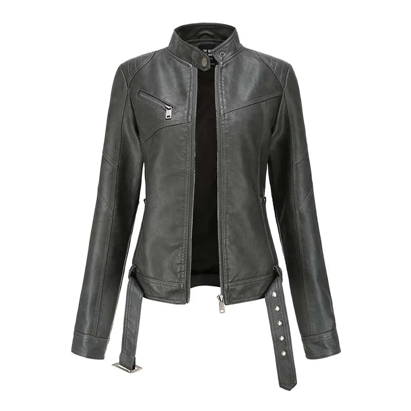 Pu Faux Leather Jacket Women Loose Sashes Casual Biker Jackets Outwear Female Top Autumn Zipper Pocket Black Leather Jacket Coat