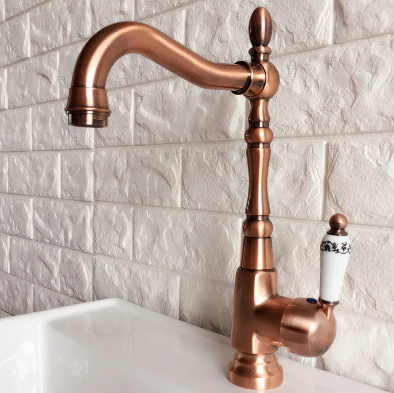 

European Retro Style Antique Red Copper Kitchen Faucet 360 Swivel Deck Mount Bathroom Sink Tap Basin Hot Cold Mixer Tap