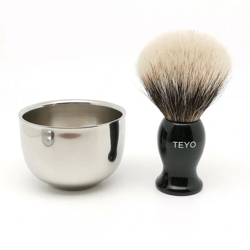 TEYO Two Band Silvertip Finest Badger Hair Shaving Brush and Shaving Bowl Set Perfect for Wet Shave Cream Razor Beard Brush
