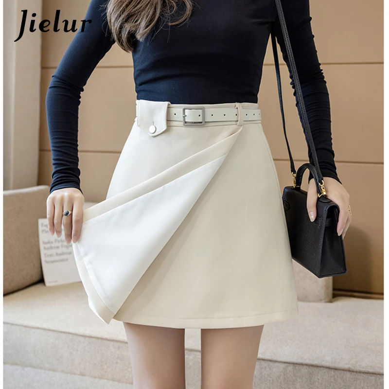 

Jielur New Solid Color High Waist Beige Women Skirt 2021 Autumn Winter Attractive A-line Youthful Lady Khaki Mini Skirt S-XL