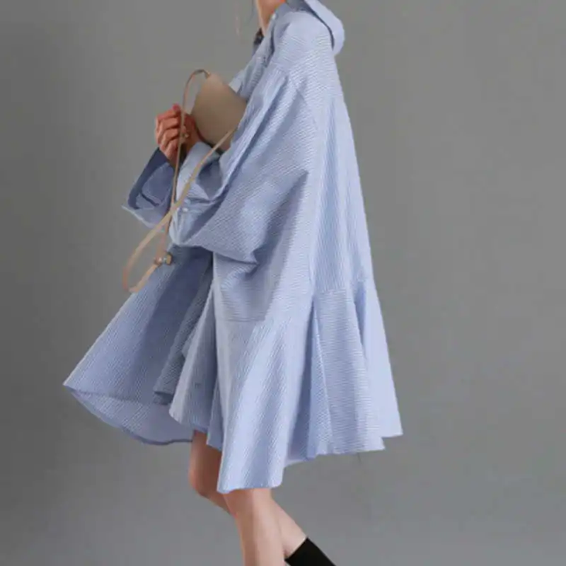 CHICEVER Striped Women Tops And Blouses Lapel Batwing Sleeve Loose Asymmetric Hem Ruffles Women's Shirts Korean Fashion Clothing | Женская