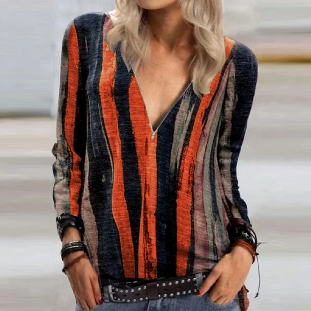 

Oversized T Shirt Womens Loose V-neck Zipper T-shirt Plus Size Tops Tees Long-sleeve Pullover Vintage Trendy Printed Shirts 2021