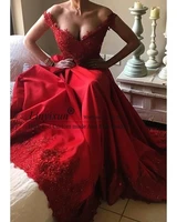 vintage red prom dresses off shoulder long satin with beading sequin appliques formal evening party gowns long vestidos de festa