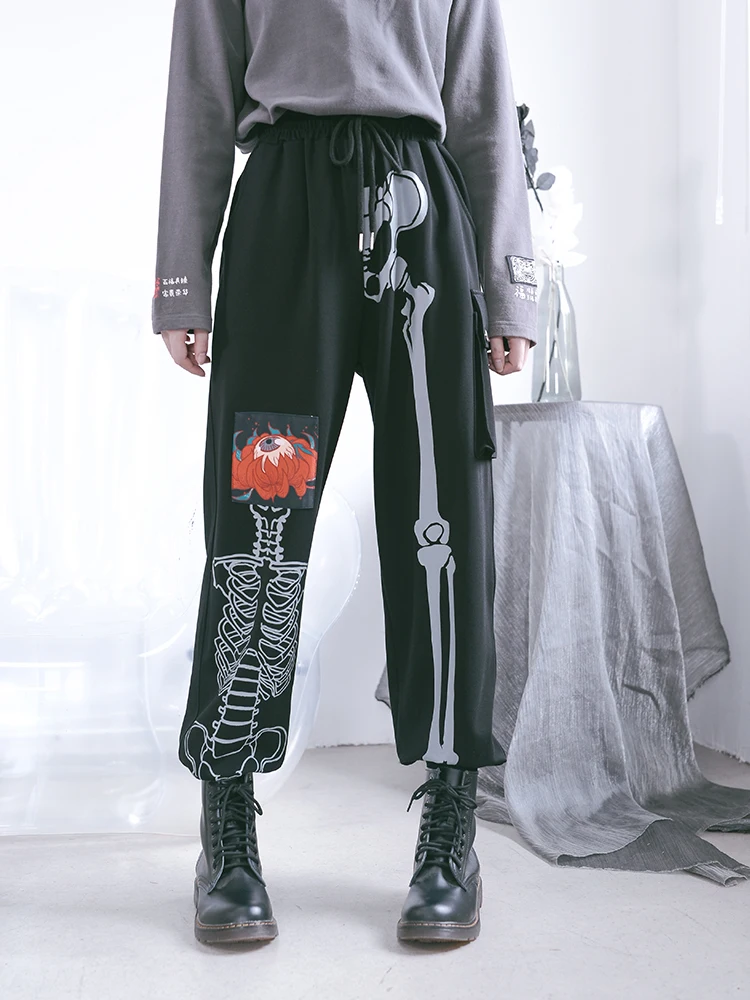 

Женские брюки с принтом и высокой талией, черные свободные брюки в стиле хип-хоп, уличная одежда в стиле панк, весна 2021