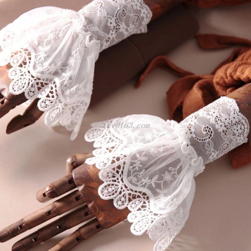 Female Sweater Fake Sleeves Hollow Out Crochet Floral Lace Horn Cuffs Embroidery Flounces Ruffles Elastic Wrist Warmers