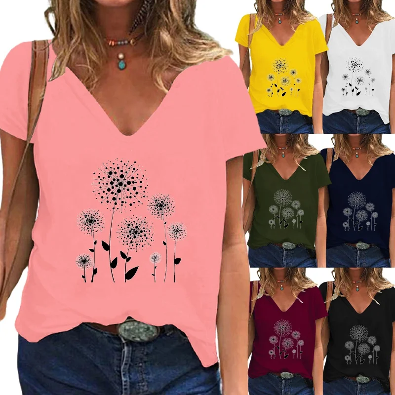 

Женская летняя футболка с принтом одуванчика, повседневная Однотонная футболка с коротким рукавом и глубоким V-образным вырезом, Женский пу...