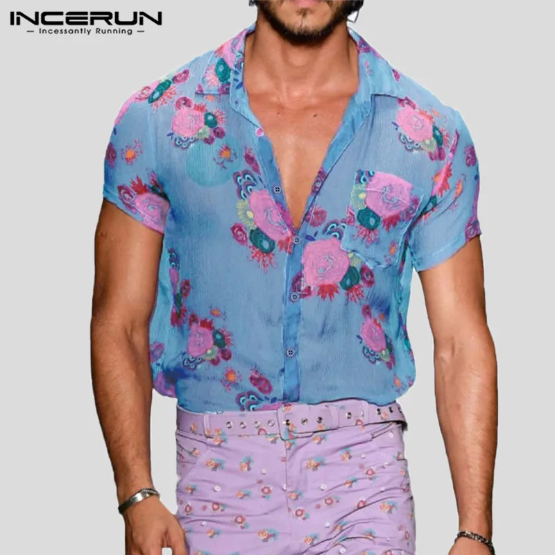 

INCERUN сеточные Рубашки Летние печатных Для мужчин короткий рукав отложной воротник прозрачная блузка Гавайский пляжный человек пуговицы ...