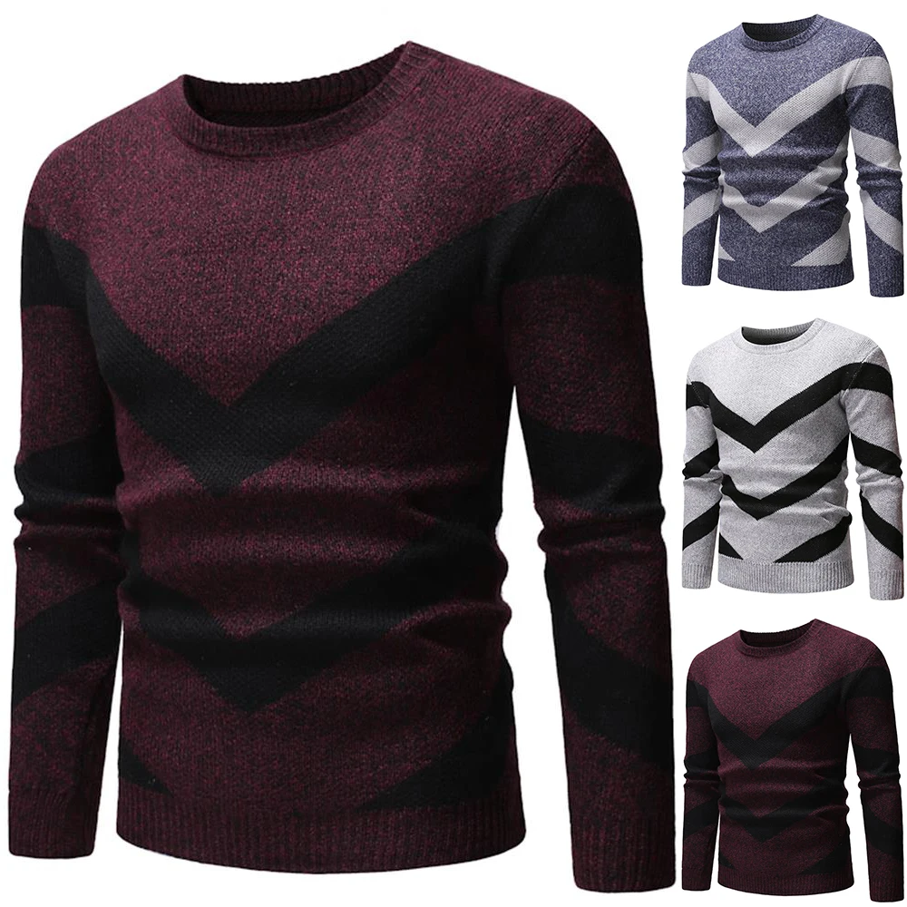 

Мужской трикотажный свитер в полоску, с круглым вырезом и длинным рукавом