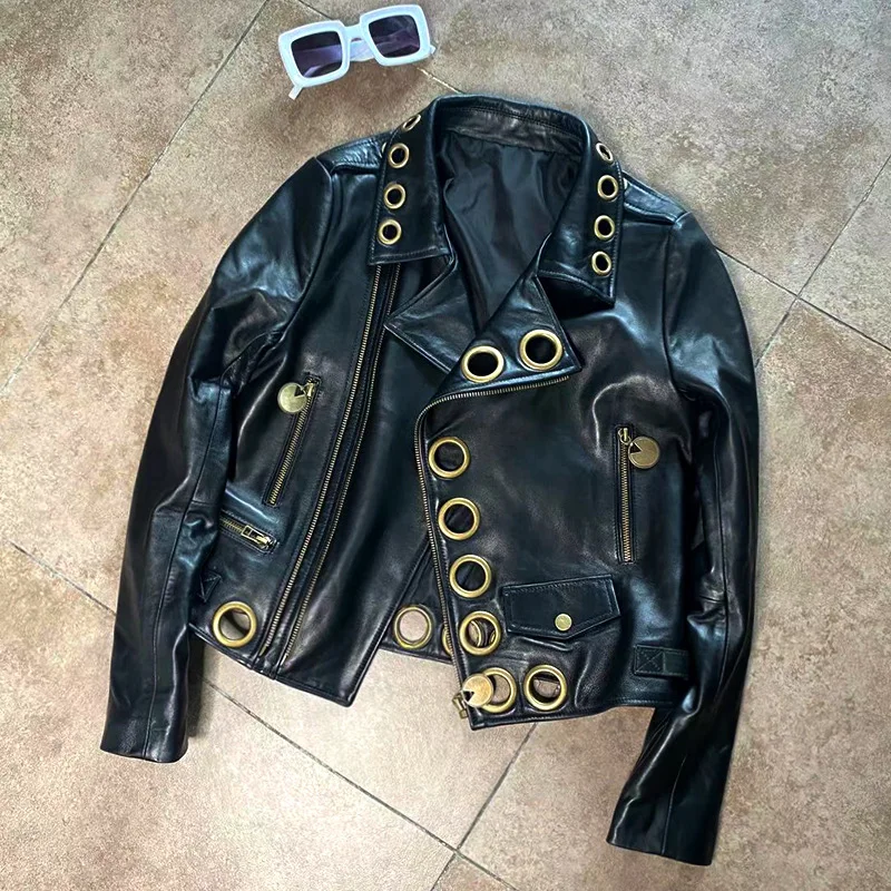 

Top quality Vintage Ladies black hole Designer Fashon pu leather jackets biker coats wholesale S166