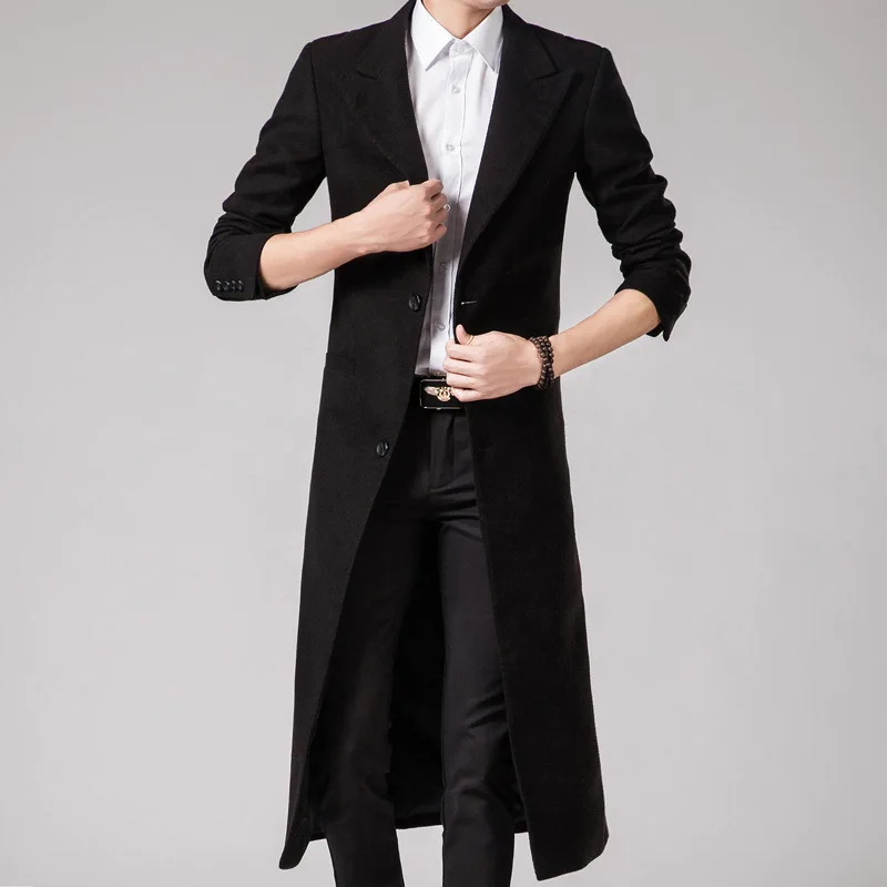 

2019 New Luxury Trench Coat Black Slim Fashion Men Long Windbreaker Men Overcoat Wool Jacket Men's Korean Woolen Long Coat