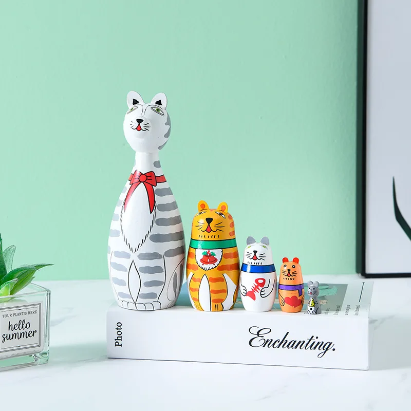

Funny Kitten Long Neck Cat Russian Doll Hand-draw 5 Layer Matryoshka Dolls Artwork Craft Handicraft Gift Decorations Toys 1Set
