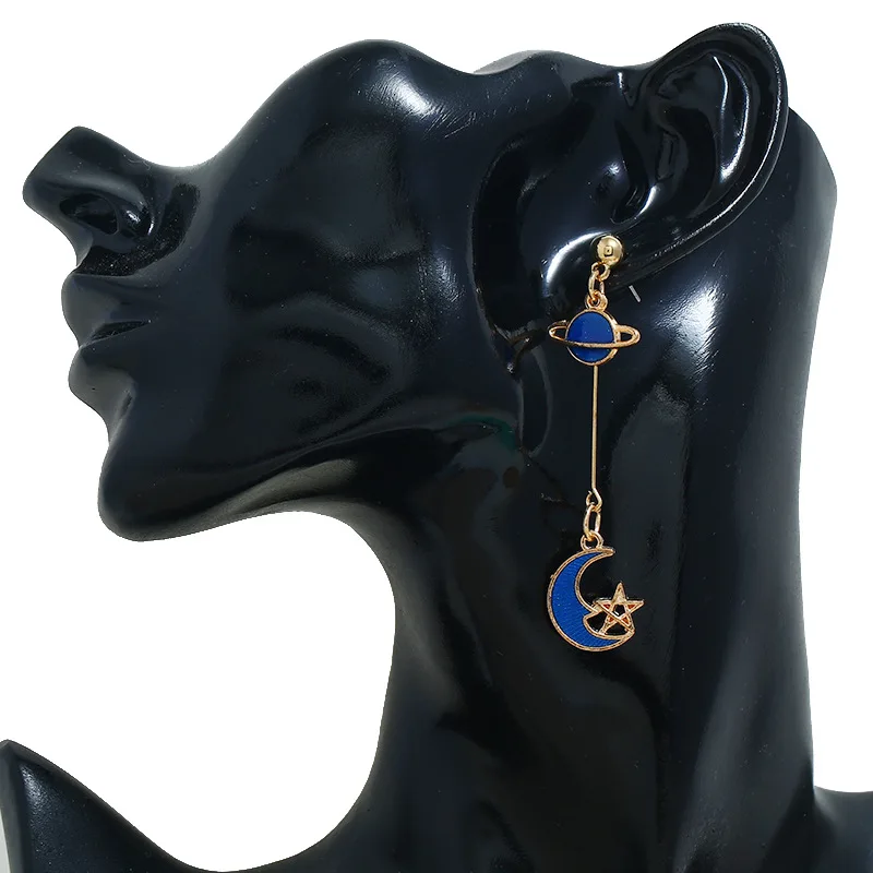 Japan and South Korea Small Fresh Earth Moon Starry Earrings Asymmetric Fashion Girl Wild Planet Long Painting Oil Ear Studs | Украшения и