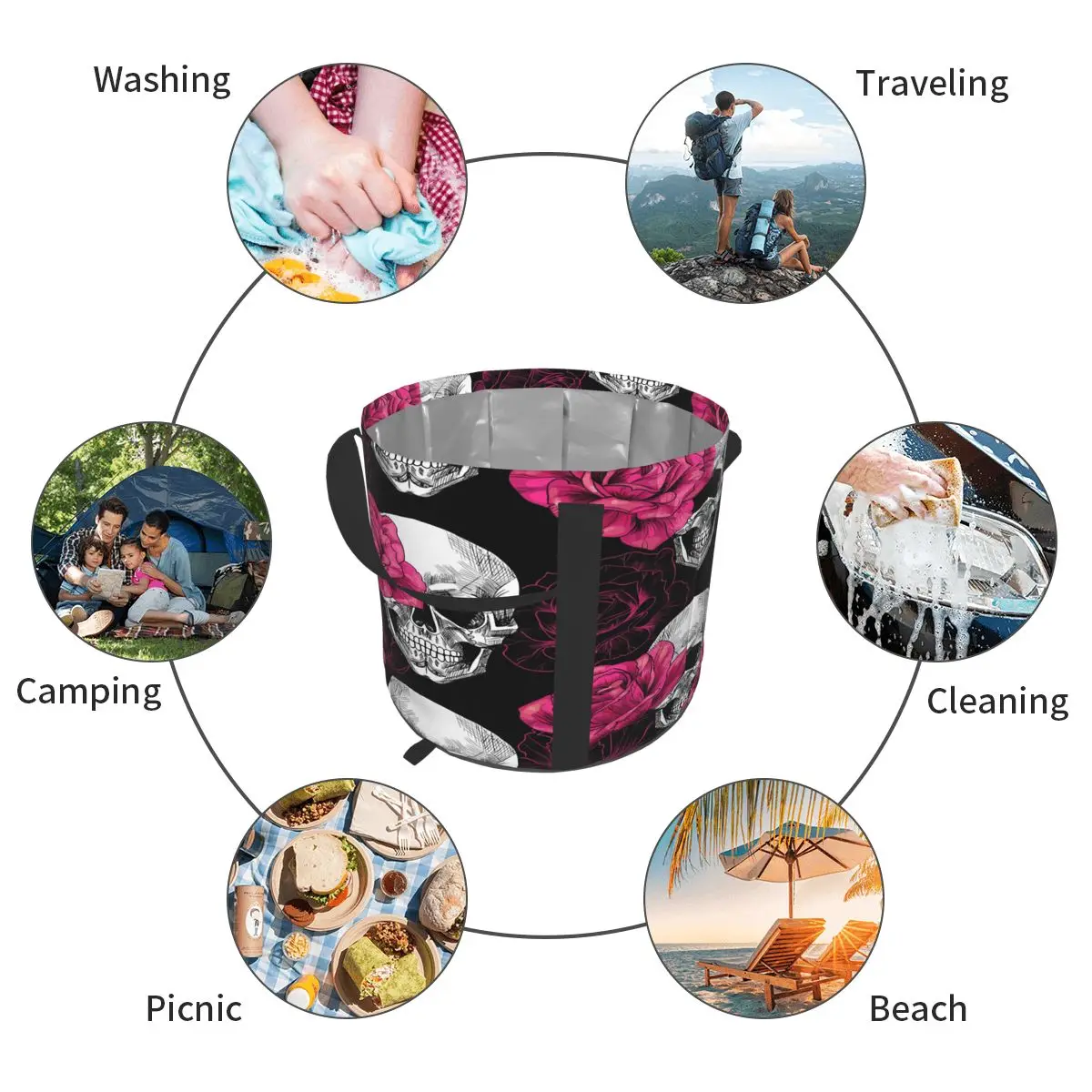 

Foldable Water Bag Skulls Pink Roses Outdoor Sports Camping Hiking Storge Water Bucket Picnic Water Container Lifting Carrier