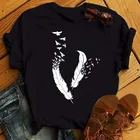 Модная женская футболка, забавная черная футболка с принтом перьев, летние топы с коротким рукавом, футболка, женские футболки с круглым вырезом и перьями