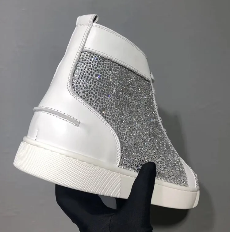 

2019 Luxury Tide High Tops for Men Women Red Bottom Sneakers White Fashion Casual Crystal Couple Models Sports Flat Sakte Shoes