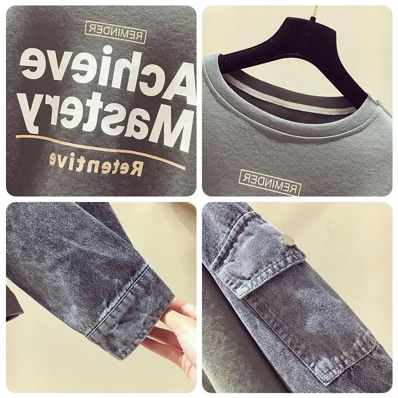 

Women Round neck Letter Hoodies Denim Sleeves Patchwork Hoodies Spring Autumn Loose Casual Sweatshirt New Hip Pop Tops