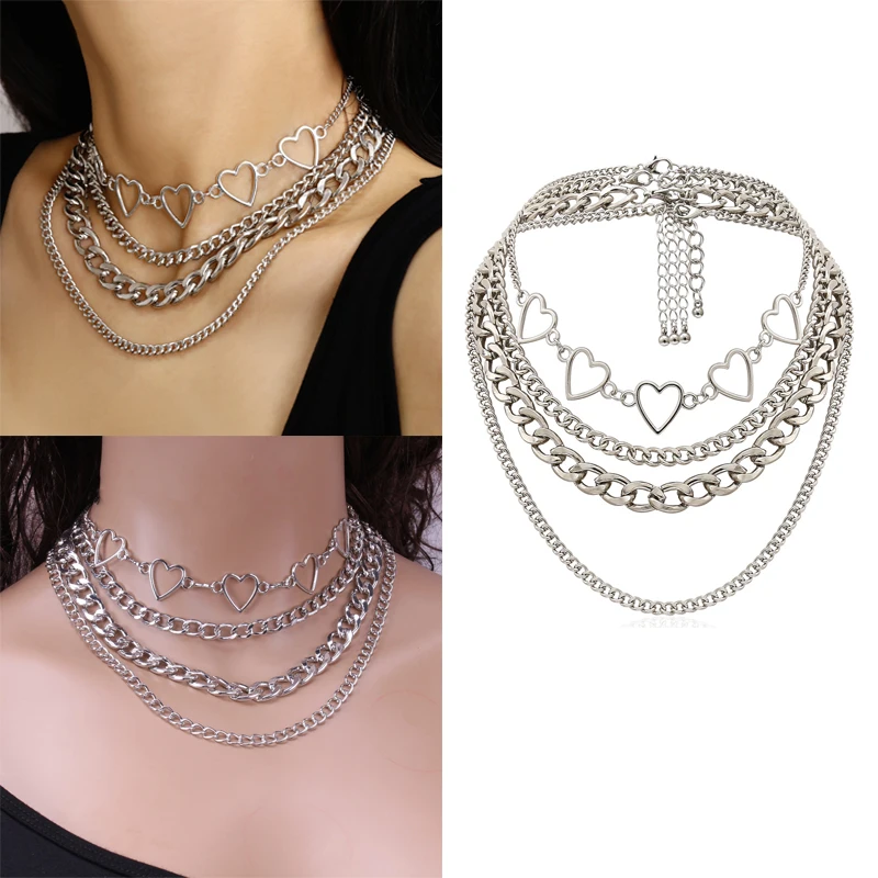

Punk Multi-layer Cuban Chain Heart Necklaces For Women 2021 Trend Link Chain Collar Choker Necklaces Party Fashion Jewelry Gifts