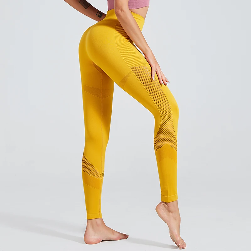 Однотонные бесшовные леггинсы женские дышащие сетчатые брюки для фитнеса