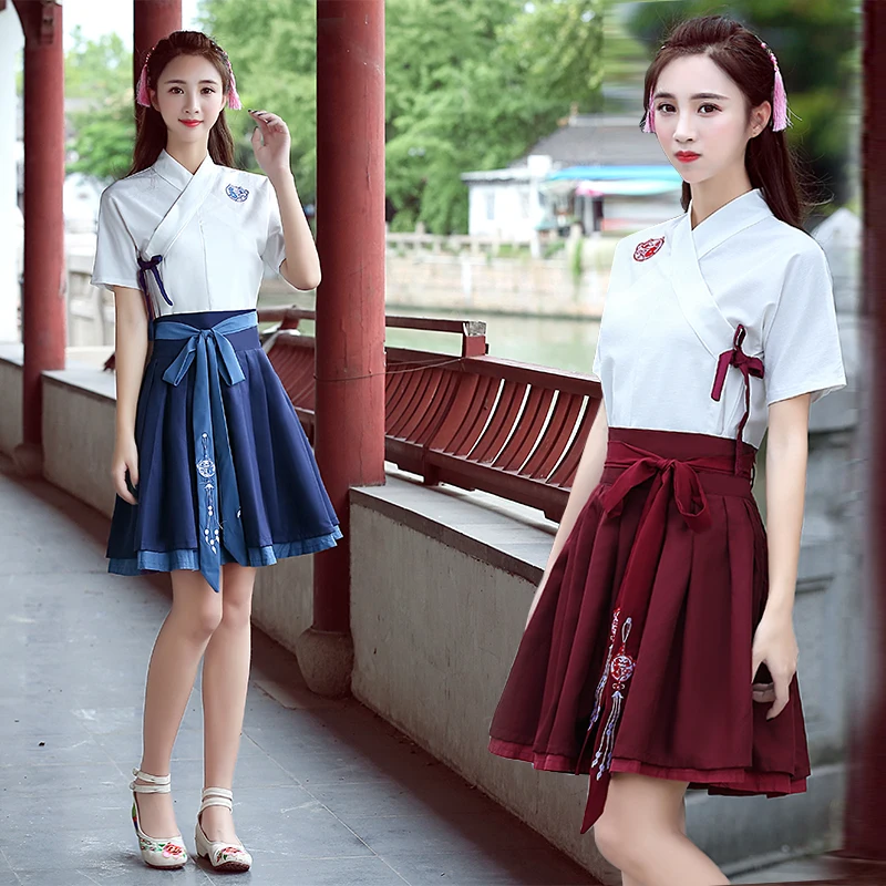 

Short Sleeve Improved Hanfu Dress Tang Dynasty Daily Dresses For Women Embroidery Traditional Chinese Clothing Student Outfit