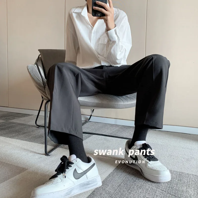 Брюки мужские деловые, серого/черного цвета, модные прямые брюки с широкими штанинами, в Корейском стиле, для делового общества
