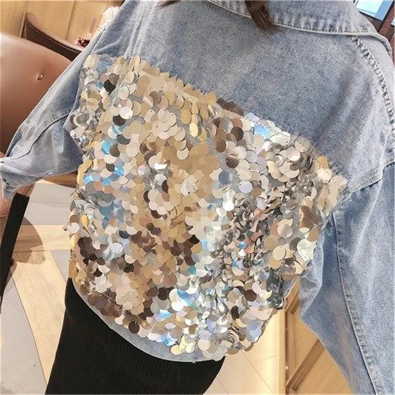 Женская джинсовая куртка с блестками свободная вечерние няя одежда из денима для