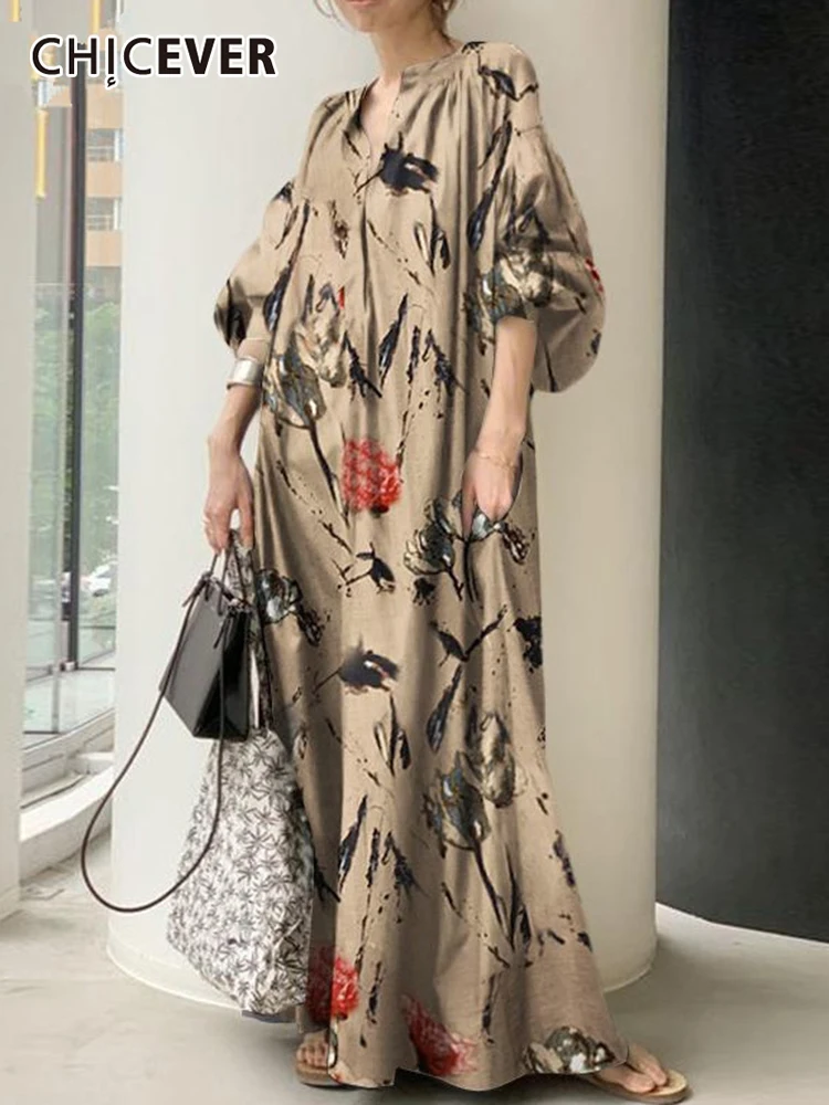 

CHICEVER Vintage Patchwork Print Dress For Women V Neck Long Sleeve Loose High Waist Floor Dresses Female 2022 Spring Clothing