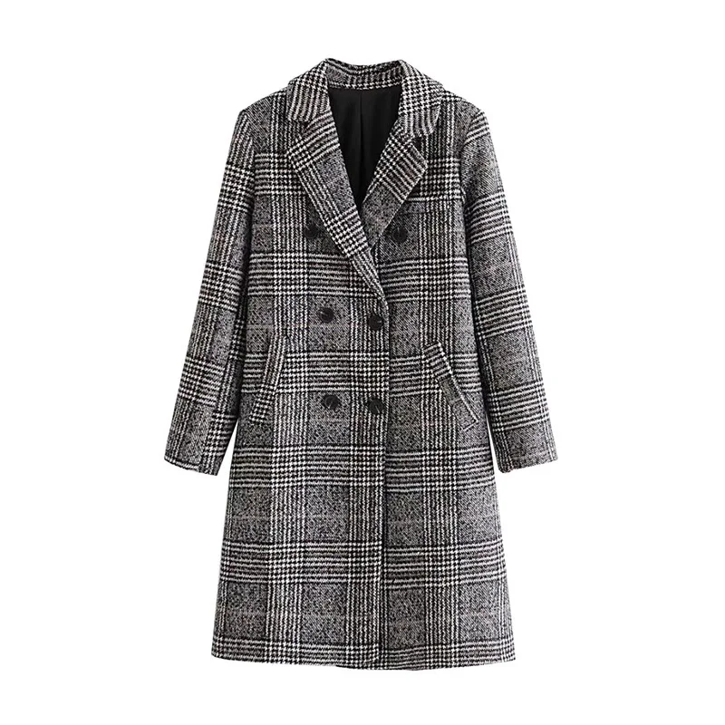 

FAKUNTN 2021 clothing Europeanautumn new women's and American style retro fashion plaid double-breasted mid-length woolen coat