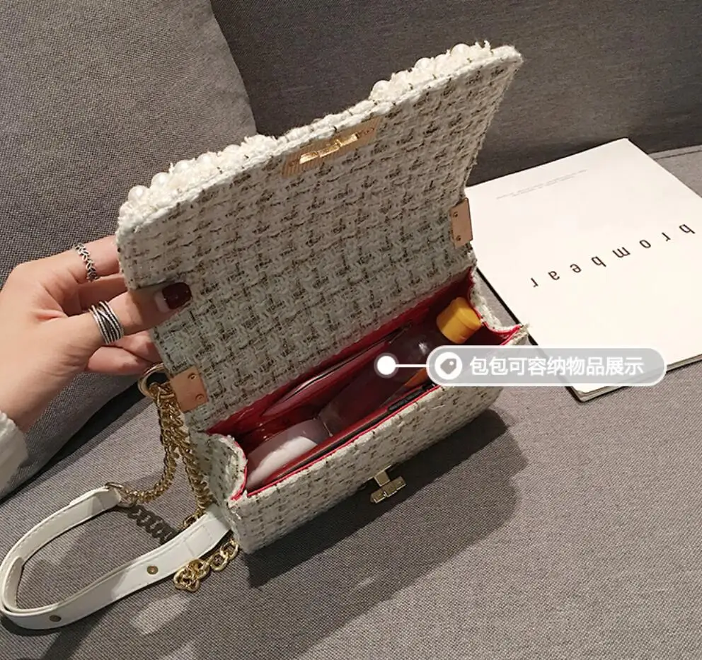 

2020 Fashion New Female Square Tote bag Quality Woolen Pearl Women's Designer Handbag Ladies Chain Shoulder Crossbody Bag Travel
