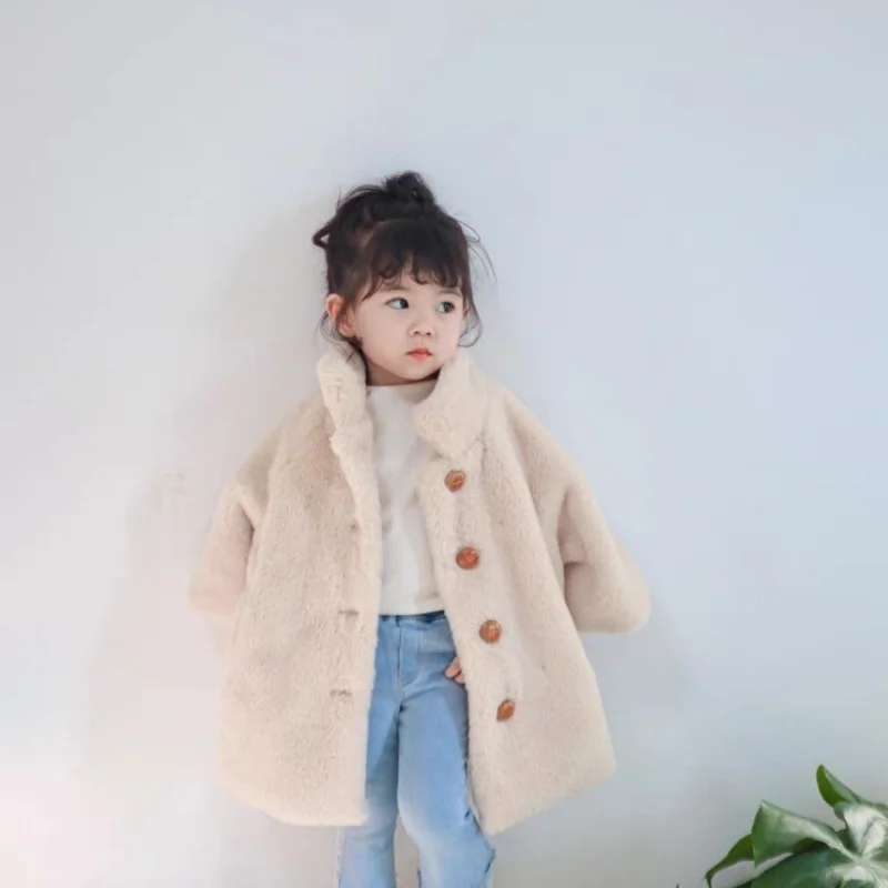

Baby Girl Winter Fashion Warm Solid Turn Down Collar Faux Fur Jacket Coat Children Clothing Loose Single Breasted Outerwear C178