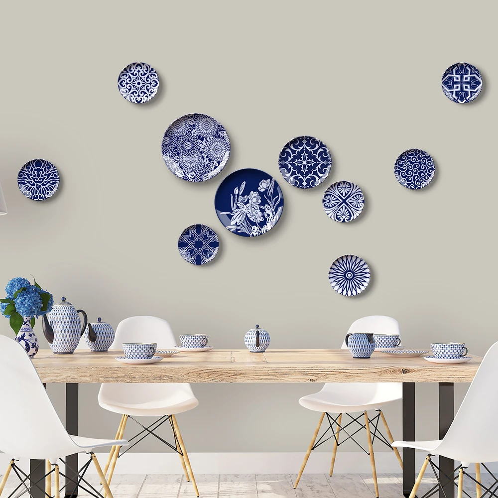 

Blue and white porcelain ceramic decoration hanging plate living room dining room sofa background wall decoration neo-classical