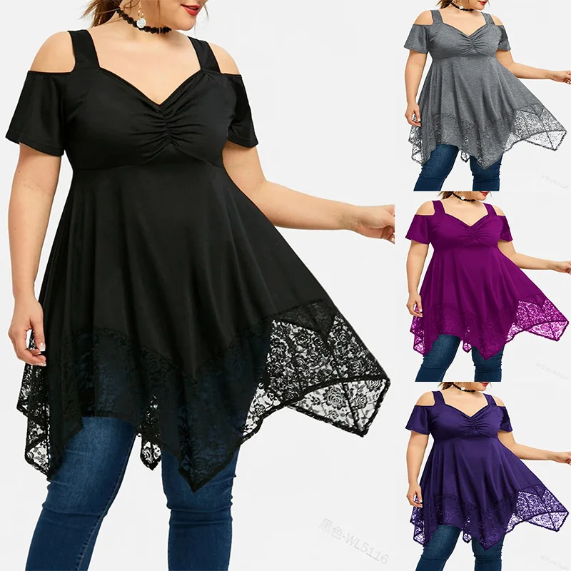 

WEPBEL Women's Sexy Off-Shoulder Solid Color Loose T-shirt Summer Short Sleeve V-neck Pleated Spaghetti Strap Irregular T-shirt