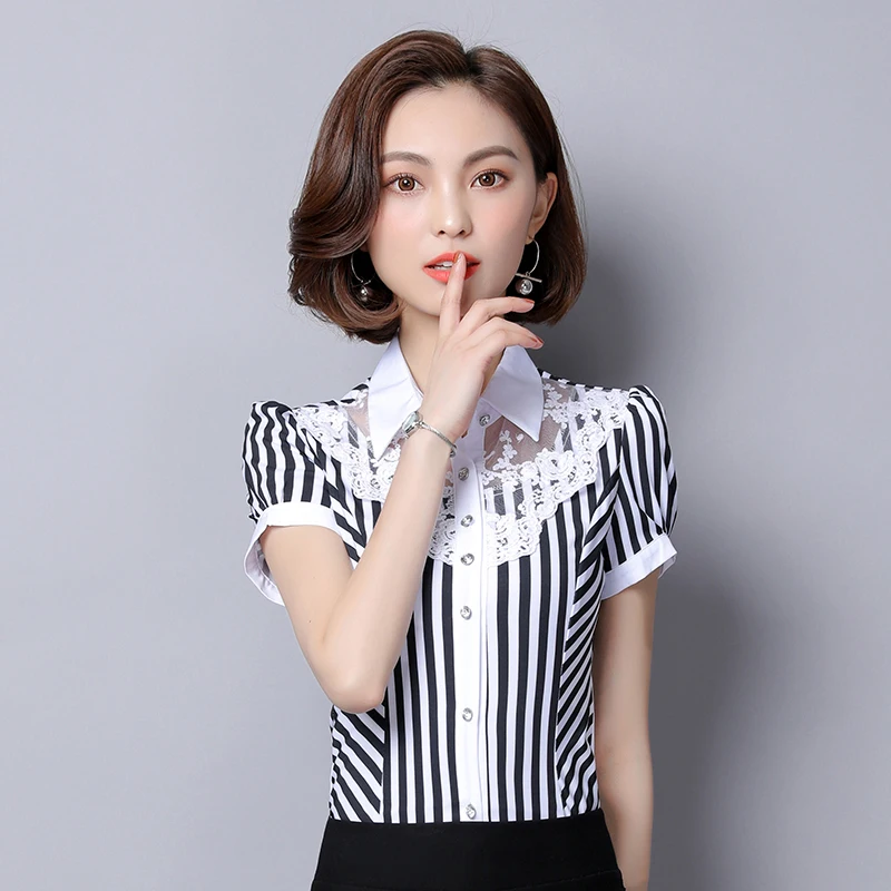 

2021 Spring Summer New Women OL Striped Chiffon Blouses Female Casual Lace Hollow Out Shirts Tops Feminina Blusas Plus Size 4XL