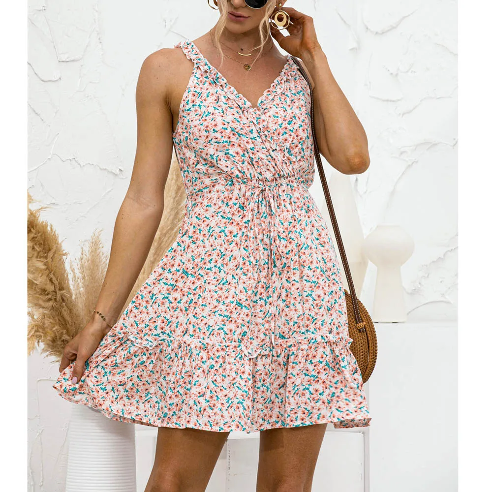 

Women Spaghetti Strap V Neck Mini Dress Ruffles Drawstring Summer Floral Print Beach Boho Casual Dresses 2021 Fashion Sleeveless