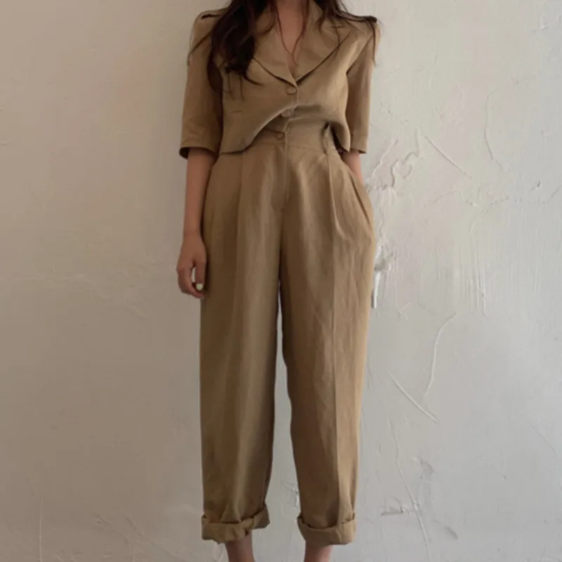 

2021 New Summer Office Lady Two Piece Sets Womens Outfits Casual Buttons Short Sleeve Blazer + High Waist Wide Leg Long Pants