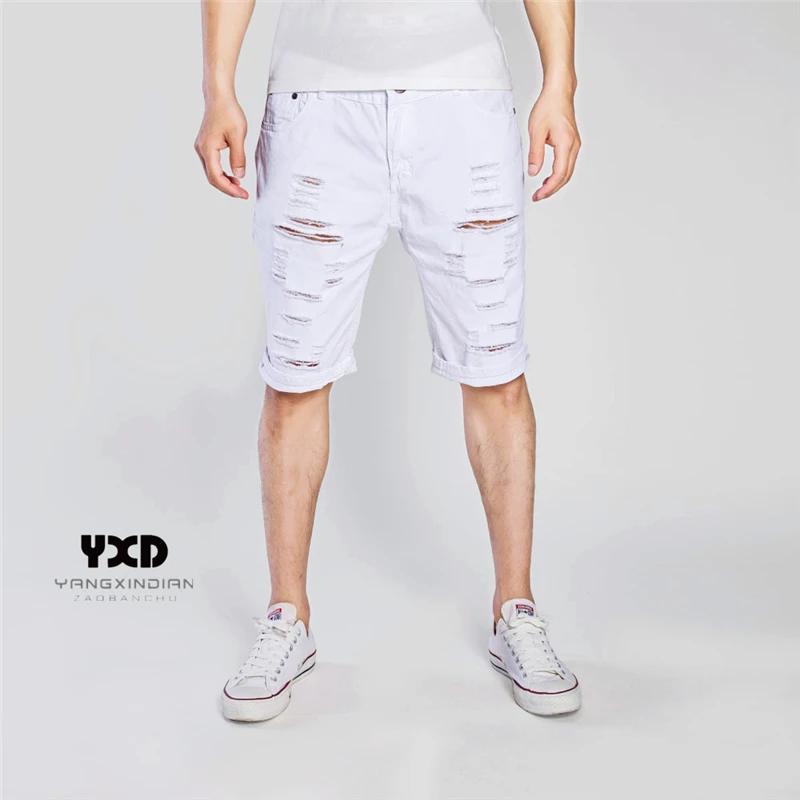Мужские однотонные повседневные зауженные рваные шорты, зауженные джинсовые шорты для мужчин, уличная одежда с дырками, лето 2021