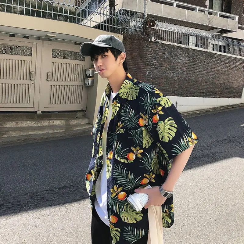 

Summer Quality Harajuku Beach Shirt Short Sleeve Hawaiian Shirt Casual Plant Print Loose Tops