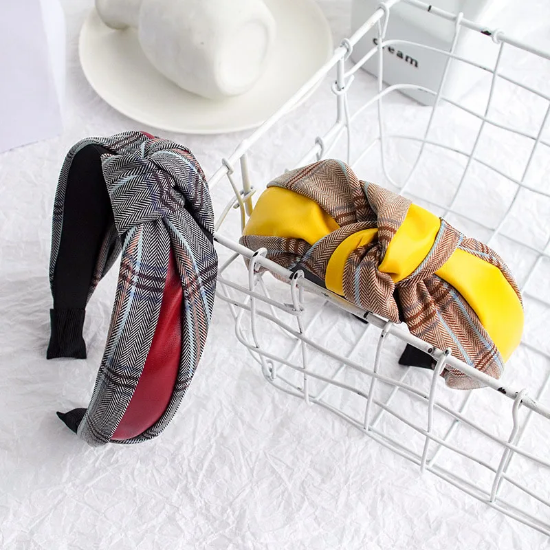 

Cross Knot Hairband European Style for Women Hair Hoop Wide Plaid Stripe Pattern PU Leather 1Pcs Hair Accessories