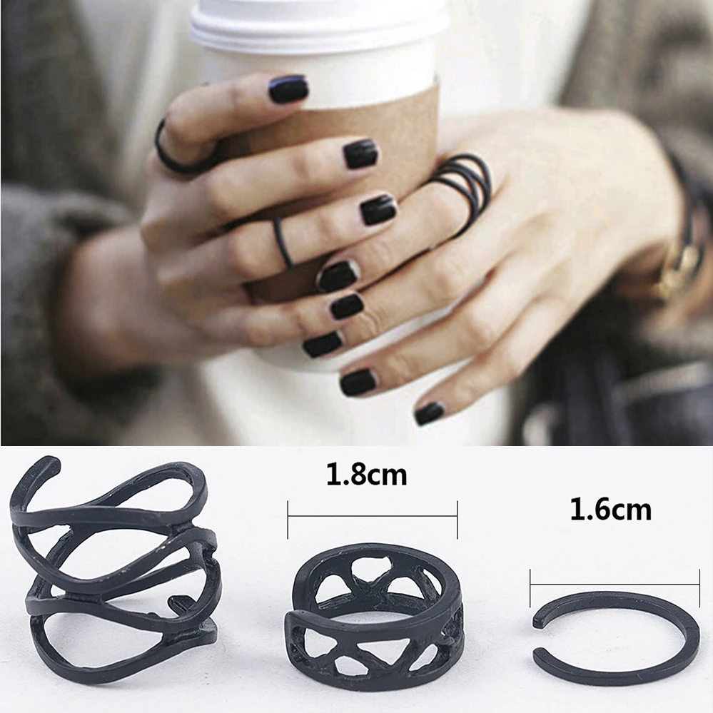 

3Pcs/set Punk Multilayer Hollow Cross Midi Finger Tip Rings For Women Geometric Matte Black Party Resizable Ring Jewelry