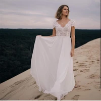 beach wedding dress 2020 v neck short sleeve simple a line bridal gowns gorgeous floor length robe de mariage chiffon lace cheap