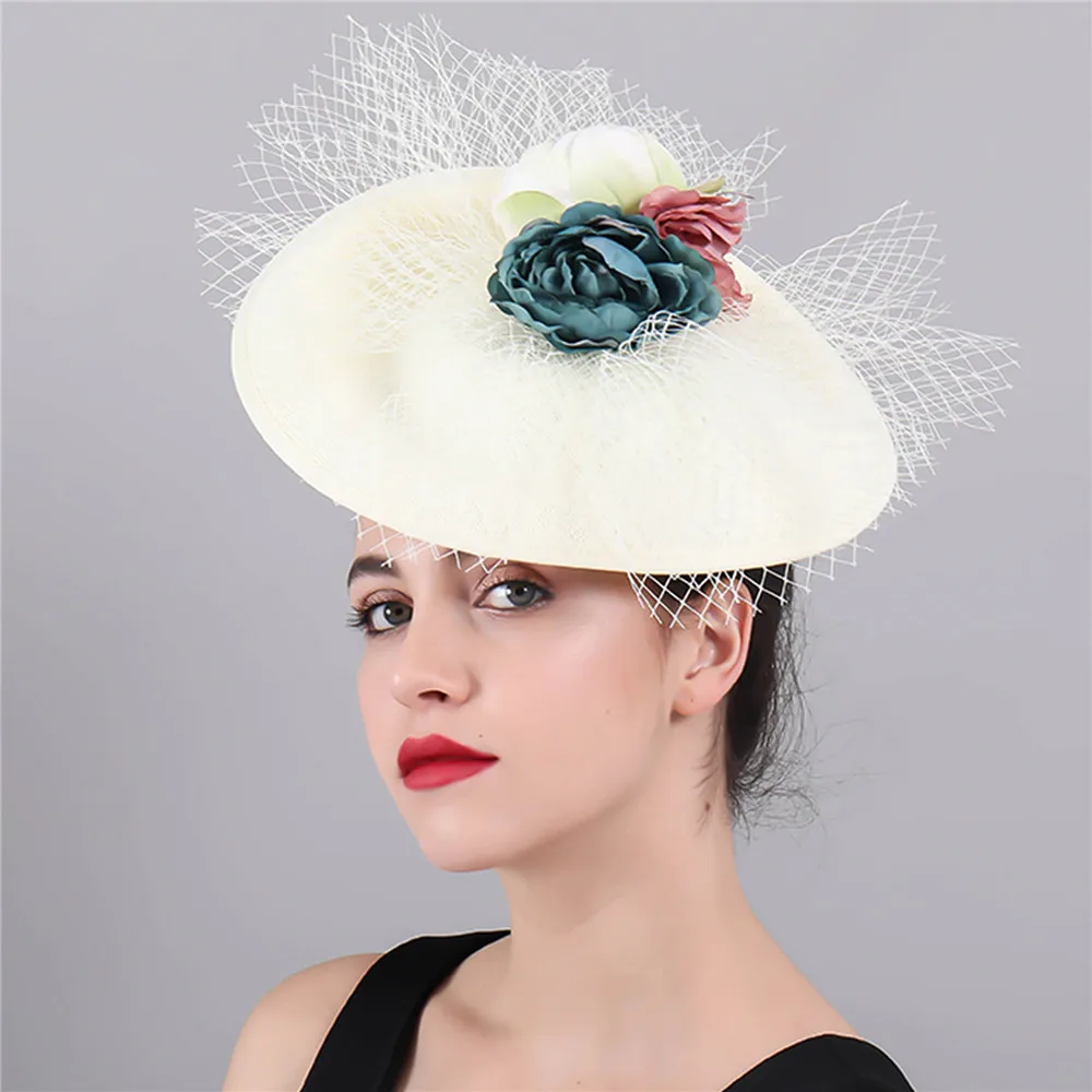 Женская Вуалетка из искусственного льна свадебная Бежевая Шляпа с цветами
