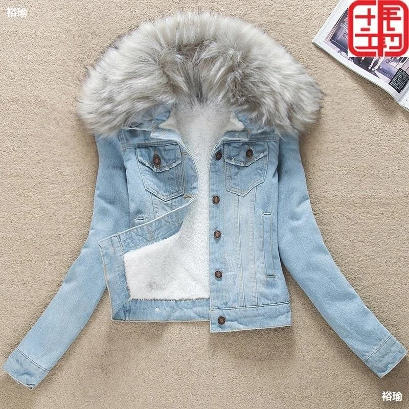 

Autumn and winter new Korean women's clothing slim Plush thickened clothes wool collar denim cotton jacket