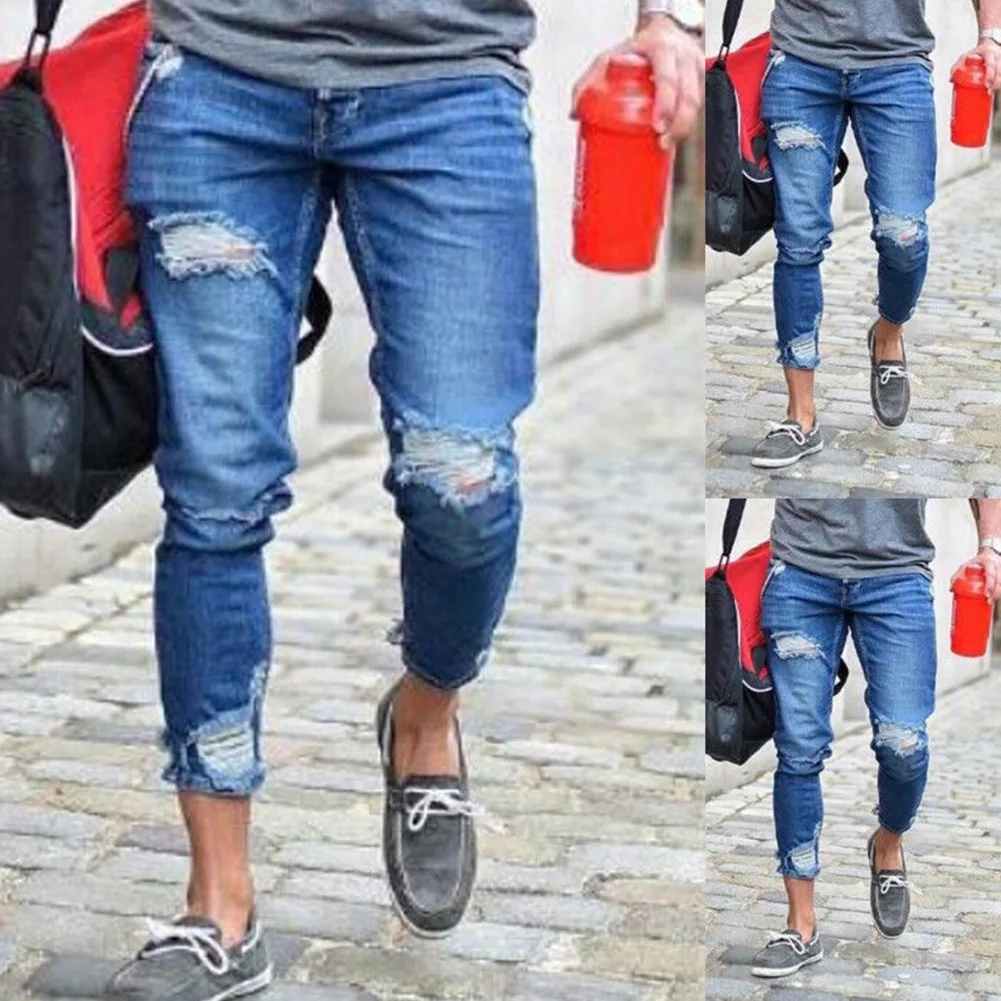 

Men's jeans, small feet, men's slim fit, men's ripped new trousers, black blue gray ankle jeans
