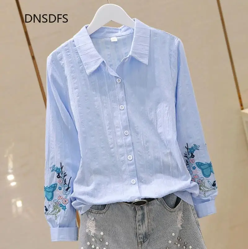 Embroidery Shirt Simple White Blue Floral Women Tops Lapel Long Sleeve Blouse Casual Classic Clothes Button Up Shirts Cotton Top