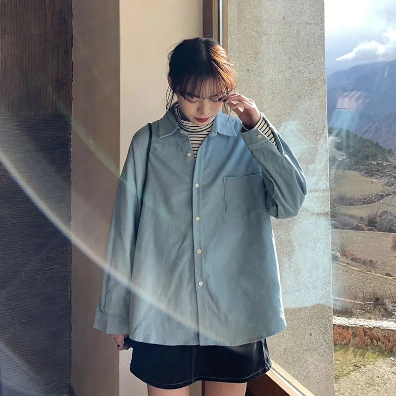

3 colors 2020 spring and autumn Loose Shirts vintage Solid Blouse Long Sleeve Corduroy blouses Women Tops outwear coats(X1219
