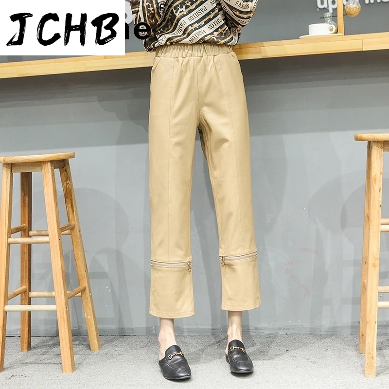 Billig SHZQJCHB Streetwear Frauen Böden Hosen Echt Schaffell Hosen Frau Leder Breite Bein Hosen Frauen Hosen Ropa Mujer TN1310