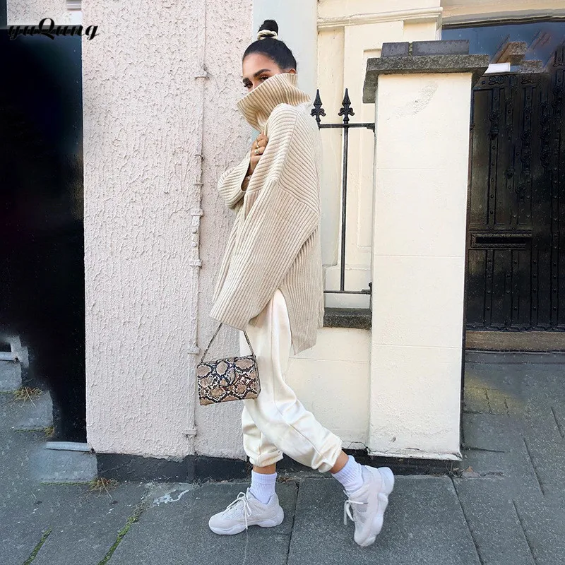 yuqung autumn winter split Sweater Women Turtleneck long sleeve Knitted loose Sweaters And Pullovers Knitwear Female Jumper | Женская