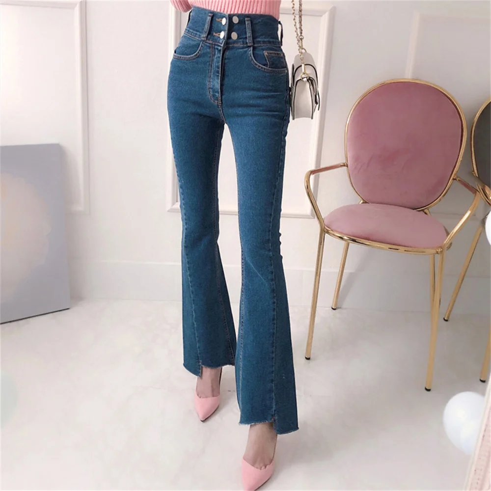 

HziriP Blue Tassel Denim Flare Pants Slim Jeanswear Elastic Hole Hot OL High Waist Autumn 2021 Chic Women New Stylish Trousers