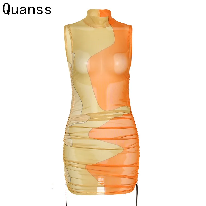 

Сексуальное женское Сетчатое платье Quanss, без рукавов, с завязками, облегающее, для ночного клуба, пляжа, вечеринки, короткое, лето 2021